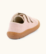 Back of Froddo barefoot botaniq kids canvas stye shoes in pale pink with a brown rubber grippy sole 