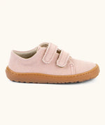 Froddo barefoot botaniq kids canvas stye shoes in pale pink shows velcro straps a brown grippy sole
