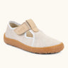 Froddo barefoot canvas style kids shoes in pale cream with a t-bar velcro fastener and brown rubber sole