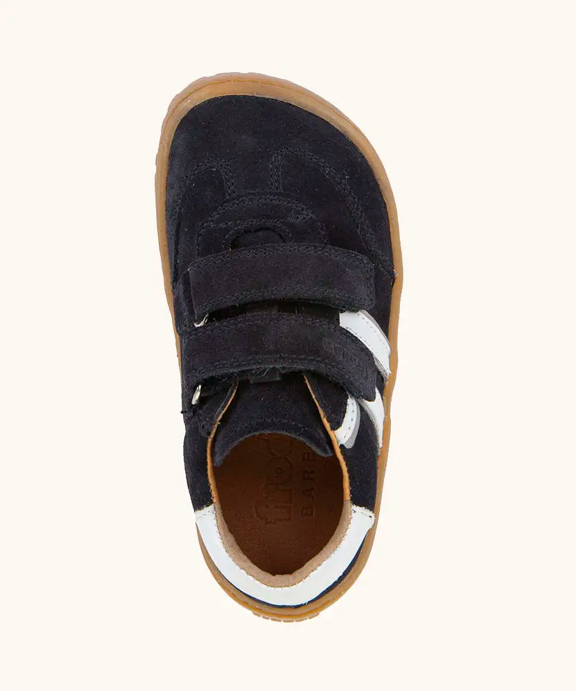 Top view of Froddo barefoot f-motion children's shoe in dark blue showing the velcro straps and insole detail
