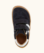 Top view of Froddo barefoot f-motion children's shoe in dark blue showing the velcro straps and insole detail