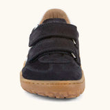 Front of the Froddo barefoot f-motion children's shoe in dark blue showing the 2 velcro fasteners and the brown grippy sole