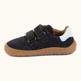 Side of Froddo barefoot f-motion kids shoes in dark blue showing 2 velcro fasteners looped through the eyelets