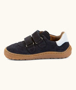Side of Froddo barefoot f-motion kids shoes in dark blue showing 2 velcro fasteners looped through the eyelets