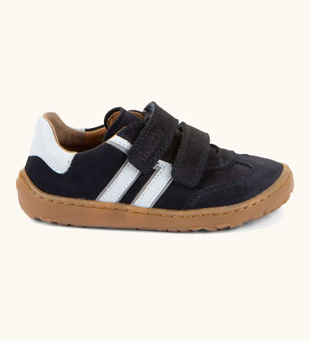 Froddo barefoot f-motion kids shoes in dark blue with white stripe design on the side has 2 velcro fasteners and a rubber sole