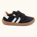 Froddo barefoot f-motion kids shoes in dark blue with white stripe design on the side has 2 velcro fasteners and a rubber sole