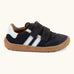 Froddo barefoot f-motion kids shoes in dark blue with white stripe design on the side has 2 velcro fasteners and a rubber sole