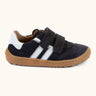 Froddo barefoot f-motion kids shoes in dark blue with white stripe design on the side has 2 velcro fasteners and a rubber sole