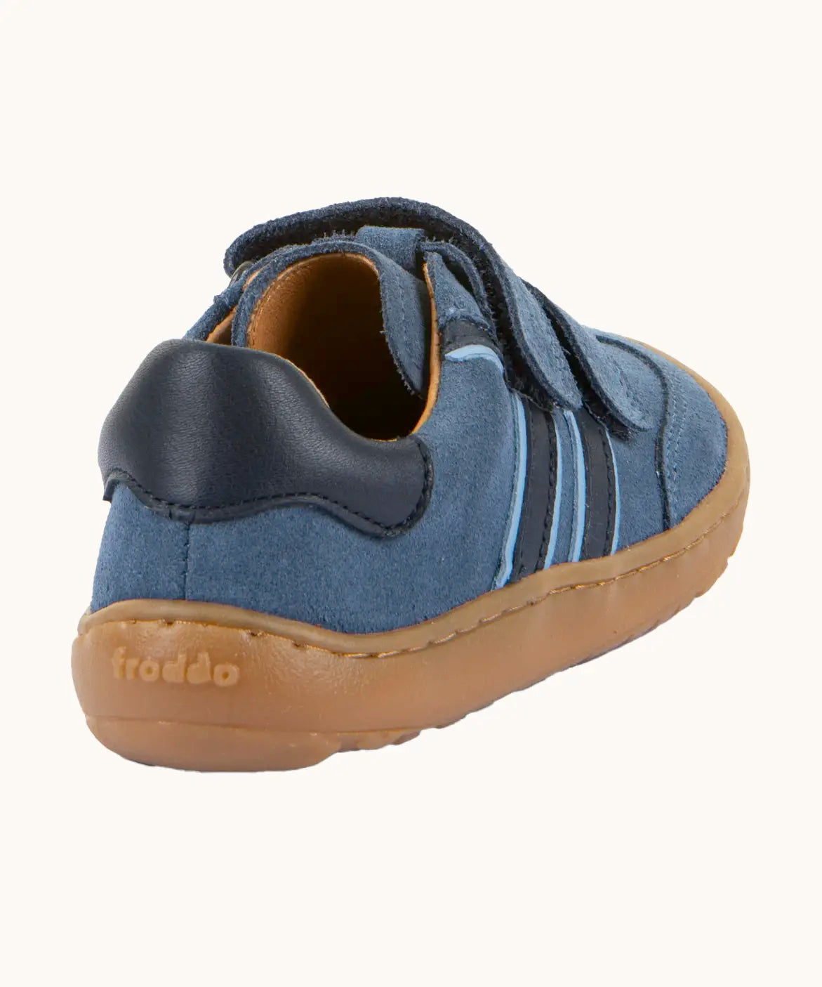 Back of Froddo barefoot f-motion kids suede shoes in denim blue with contrasting light side stripes design, flexible rubber sole. Trainer has a zero heel drop