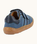 Back of Froddo barefoot f-motion kids suede shoes in denim blue with contrasting light side stripes design, flexible rubber sole. Trainer has a zero heel drop