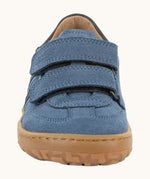 Front of Froddo barefoot f-motion kids suede shoes in denim blue with 2 velcro fasteners, flexible rubber sole. Trainer has wide foot-shaped toe box