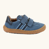 Side of Froddo's barefoot f-motion kids suede shoes in denim blue with contrasting dark side stripes, 2 velcro fasteners, flexible rubber sole. Trainer has a zero heel drop