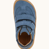 Top view of the Froddo's barefoot f-motion kids suede shoes in denim blue. Trainer has a wide, foot-shaped toe box