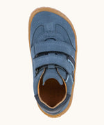 Top view of the Froddo's barefoot f-motion kids suede shoes in denim blue. Trainer has a wide, foot-shaped toe box