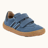 Froddo barefoot f-motion kids suede shoes in denim blue with contrasting dark side stripes, 2 velcro fasteners, flexible rubber sole. Trainer has a zero heel drop