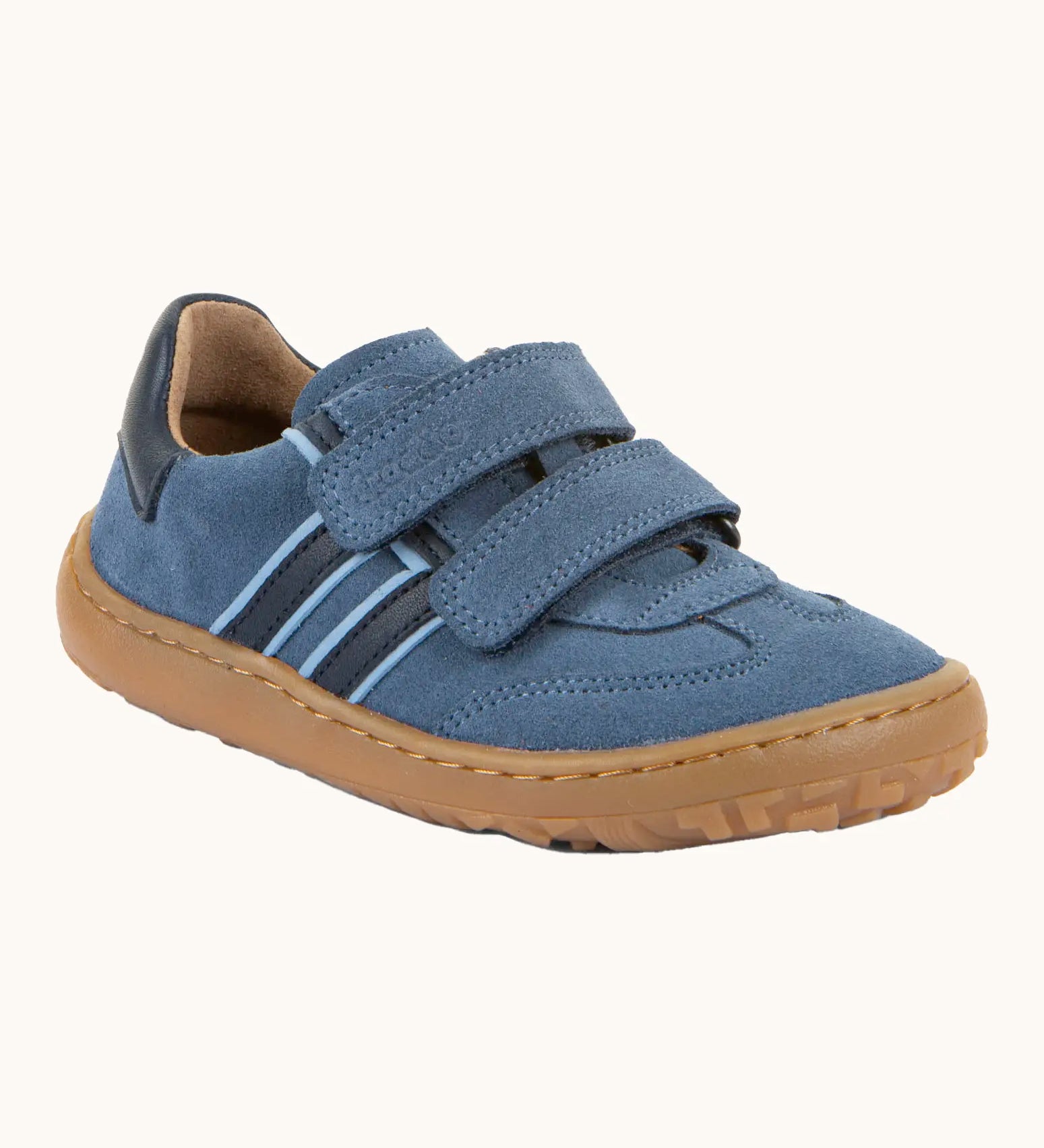 Froddo barefoot f-motion kids suede shoes in denim blue with contrasting dark side stripes, 2 velcro fasteners, flexible rubber sole. Trainer has a zero heel drop
