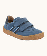 Froddo barefoot f-motion kids suede shoes in denim blue with contrasting dark side stripes, 2 velcro fasteners, flexible rubber sole. Trainer has a zero heel drop