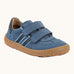 Froddo barefoot f-motion kids suede shoes in denim blue with contrasting dark side stripes, 2 velcro fasteners, flexible rubber sole. Trainer has a zero heel drop