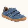 Froddo barefoot f-motion kids suede shoes in denim blue with contrasting dark side stripes, 2 velcro fasteners, flexible rubber sole. Trainer has a zero heel drop