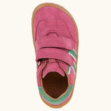 Top view of Froddo barefoot f-motion children's shoe in bright pink showing the velcro straps and insole detail