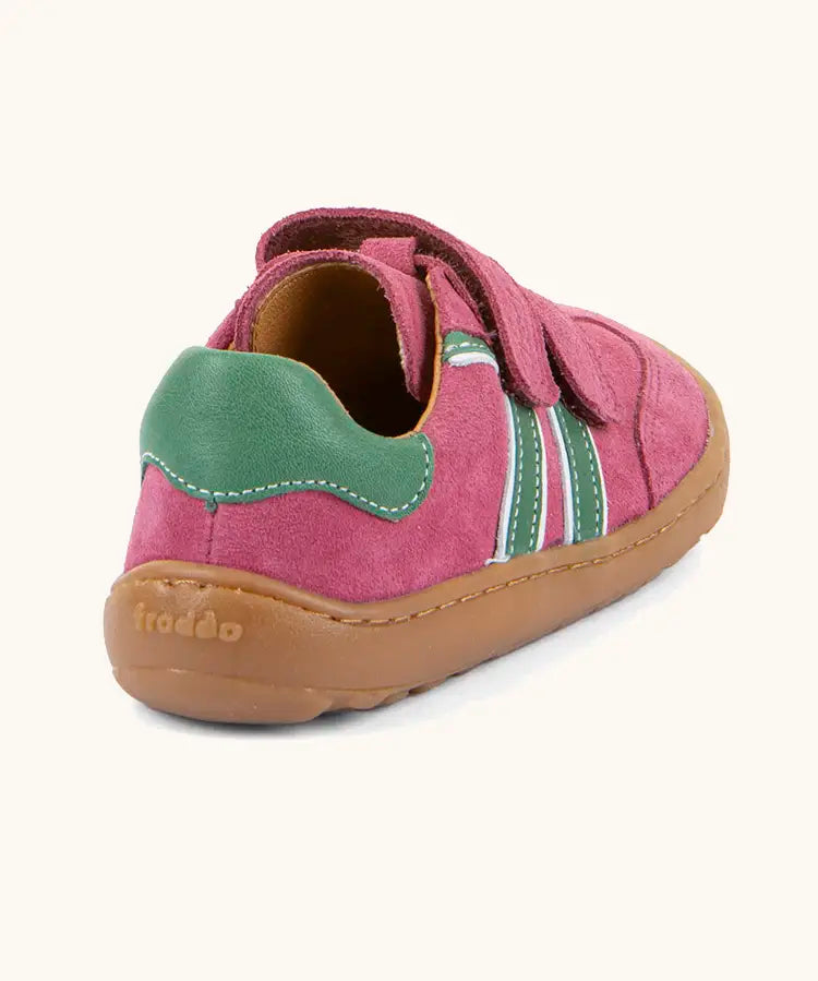 Back of Froddo barefoot f-motion kids shoes in bright pink with white stripe design showing green padded ankle support