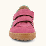 Front of the Froddo barefoot f-motion children's shoe in bright pink showing the 2 velcro fasteners and the brown grippy sole