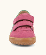 Front of the Froddo barefoot f-motion children's shoe in bright pink showing the 2 velcro fasteners and the brown grippy sole