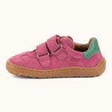 Side of Froddo barefoot f-motion kids shoes in bright pink showing 2 velcro fasteners looped through the eyelets
