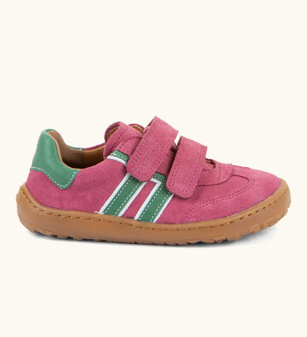 Froddo barefoot f-motion kids shoes in bright pink with green stripe design on the side has 2 velcro fasteners and a rubber sole