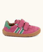 Froddo barefoot f-motion kids shoes in bright pink with green stripe design on the side has 2 velcro fasteners and a rubber sole