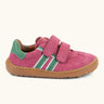 Froddo barefoot f-motion kids shoes in bright pink with green stripe design on the side has 2 velcro fasteners and a rubber sole