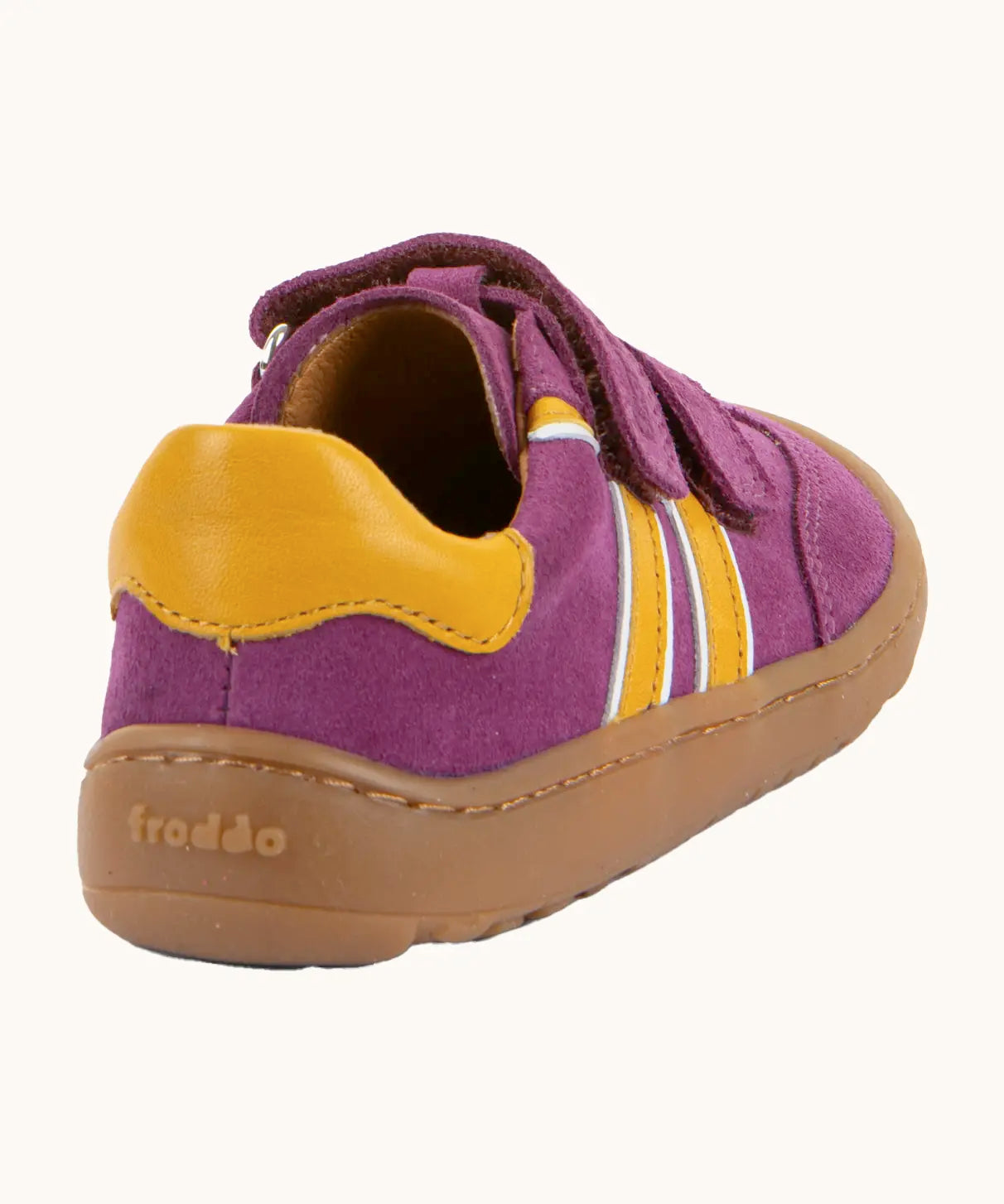 Back of Froddo barefoot f-motion kids suede shoes in purple with yellow side stripes design, flexible rubber sole. Trainer has a zero heel drop