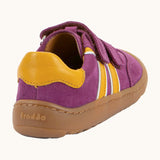 Back of Froddo barefoot f-motion kids suede shoes in purple with yellow side stripes design, flexible rubber sole. Trainer has a zero heel drop