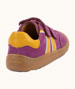 Back of Froddo barefoot f-motion kids suede shoes in purple with yellow side stripes design, flexible rubber sole. Trainer has a zero heel drop