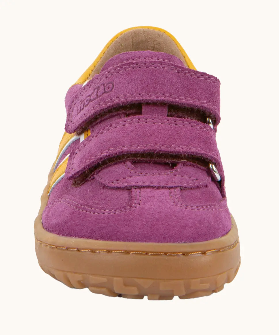 Front of Froddo barefoot f-motion kids suede shoes in purple with 2 velcro fasteners, flexible rubber sole. Trainer has wide foot-shaped toe box