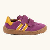 Side of Froddo's barefoot f-motion kids suede shoes in purple with yellow side stripes, 2 velcro fasteners, flexible rubber sole. Trainer has a zero heel drop
