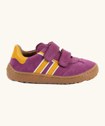Side of Froddo's barefoot f-motion kids suede shoes in purple with yellow side stripes, 2 velcro fasteners, flexible rubber sole. Trainer has a zero heel drop