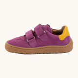 Side of Froddo's barefoot f-motion kids suede shoes in purple showing the velcro fasteners looped through the eyelets and yellow heel tab