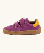Side of Froddo's barefoot f-motion kids suede shoes in purple showing the velcro fasteners looped through the eyelets and yellow heel tab