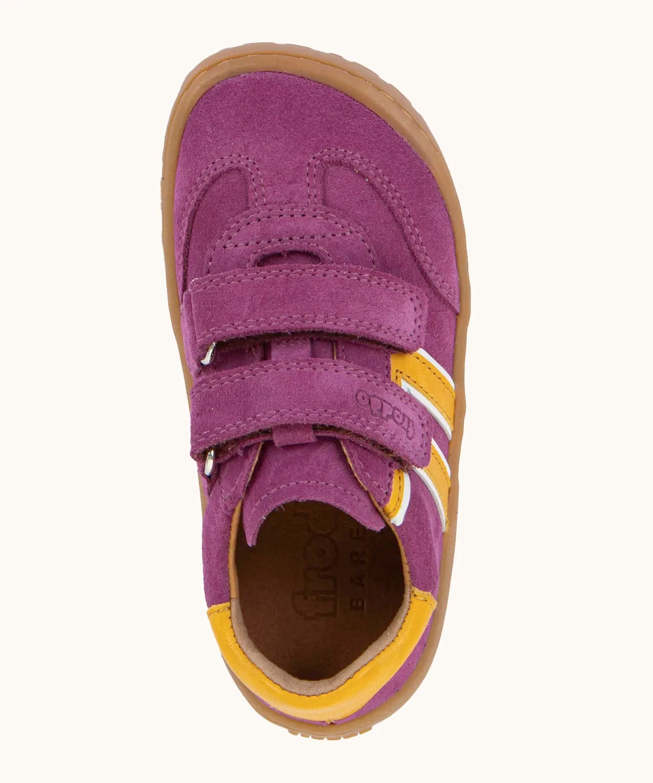 Top view of the Froddo's barefoot f-motion kids suede shoes in purple. Trainer has a wide, foot-shaped toe box