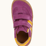Top view of the Froddo's barefoot f-motion kids suede shoes in purple. Trainer has a wide, foot-shaped toe box