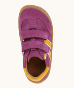 Top view of the Froddo's barefoot f-motion kids suede shoes in purple. Trainer has a wide, foot-shaped toe box