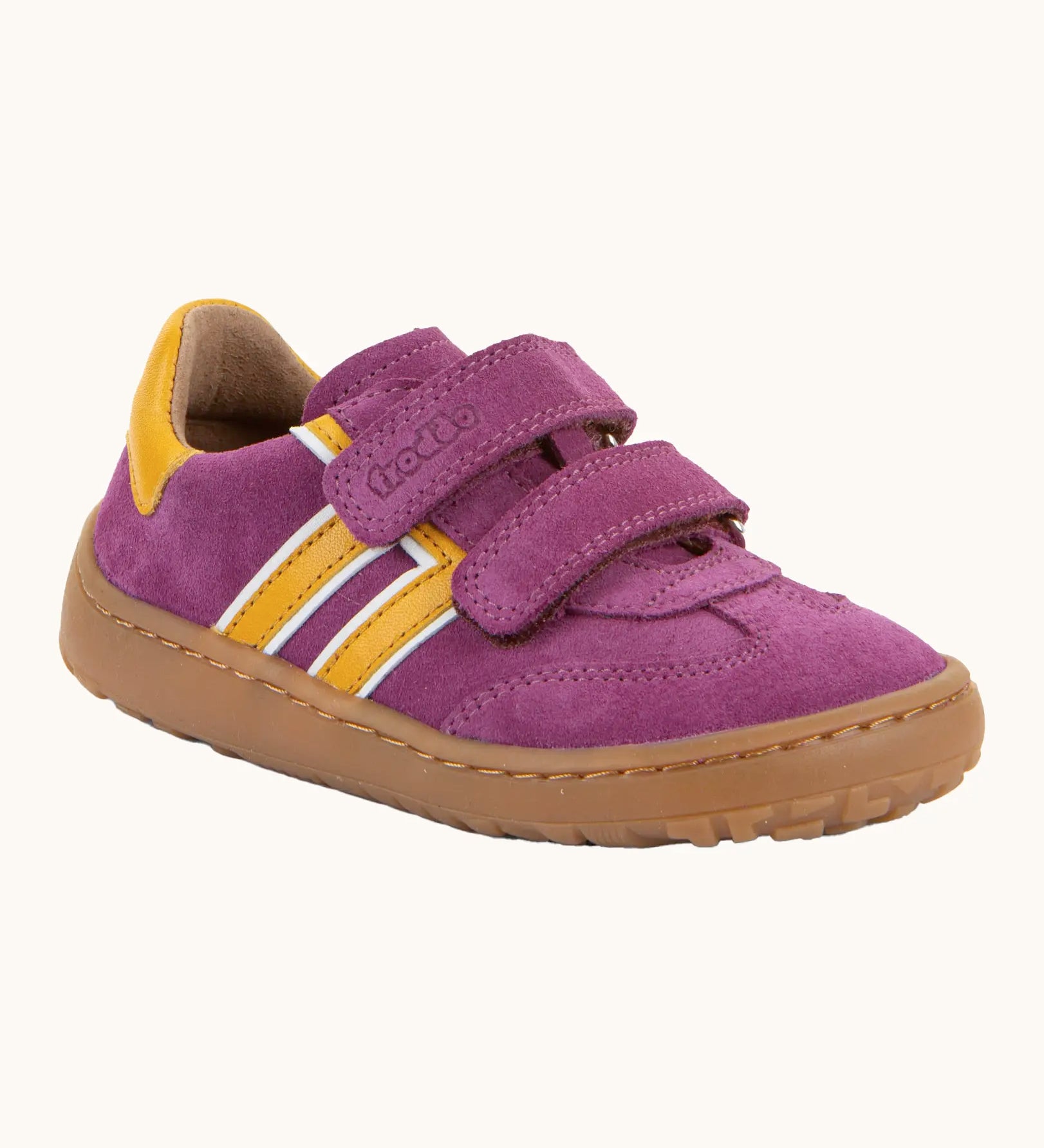 Froddo barefoot f-motion kids suede shoes in purple with yellow side stripes, 2 velcro fasteners, flexible rubber sole. Trainer has a zero heel drop