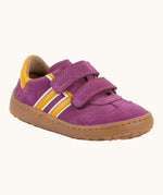 Froddo barefoot f-motion kids suede shoes in purple with yellow side stripes, 2 velcro fasteners, flexible rubber sole. Trainer has a zero heel drop