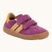 Froddo barefoot f-motion kids suede shoes in purple with yellow side stripes, 2 velcro fasteners, flexible rubber sole. Trainer has a zero heel drop