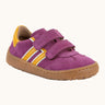 Froddo barefoot f-motion kids suede shoes in purple with yellow side stripes, 2 velcro fasteners, flexible rubber sole. Trainer has a zero heel drop