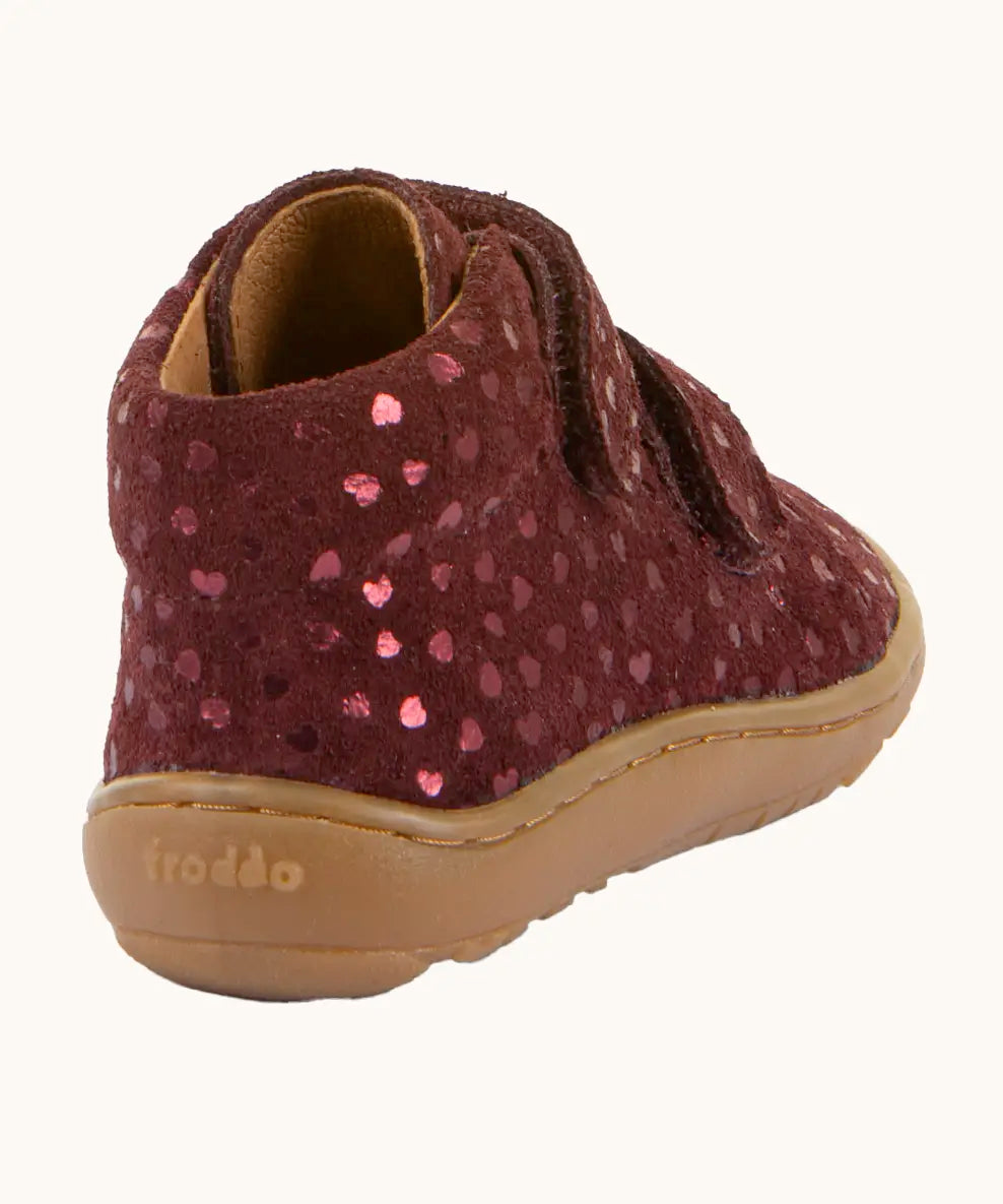 Back of Froddo's maroon natural leather barefoot first step kids shoes showing the padded ankle support. Boot has a zero drop profile