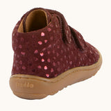 Back of Froddo's maroon natural leather barefoot first step kids shoes showing the padded ankle support. Boot has a zero drop profile
