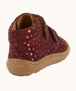 Back of Froddo's maroon natural leather barefoot first step kids shoes showing the padded ankle support. Boot has a zero drop profile