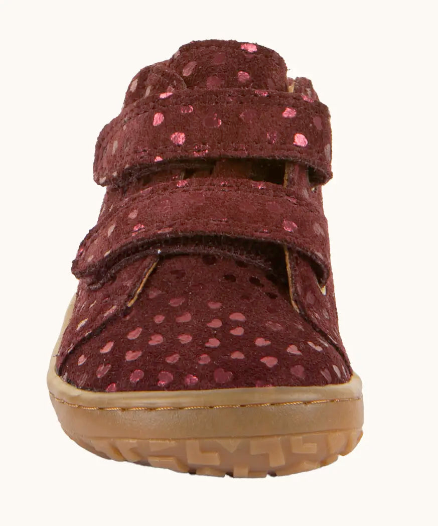 Front of Froddo's maroon natural leather barefoot first step kids shoes showing the matching the matching straps. Boot has a wide toe box shape